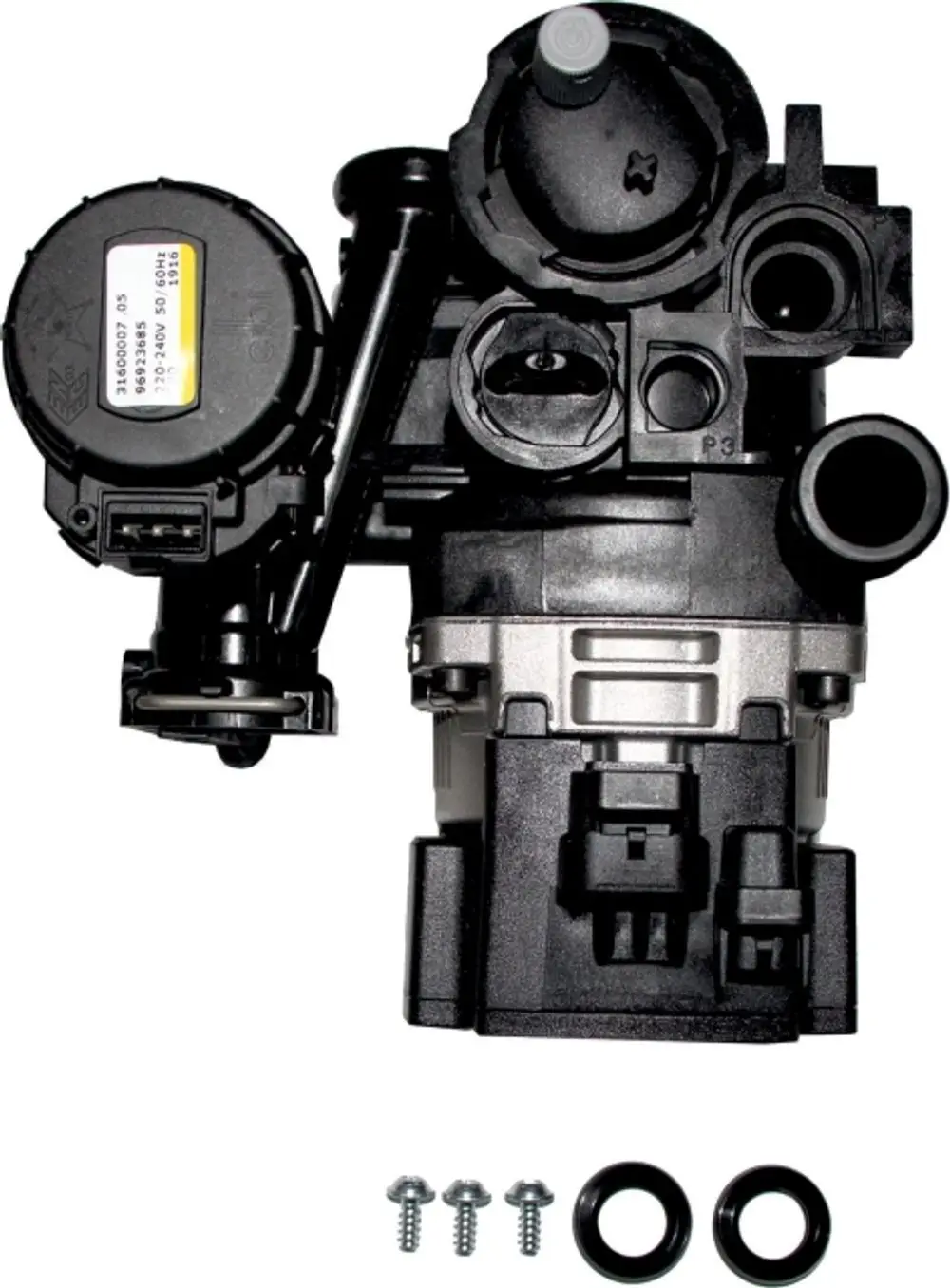 Rücklaufblock aus Kunststoff der Hydraulikgruppe mit mehreren Anschlüssen und O-Ringen, geeignet für Systeme der Marke Wolf. Enthalten sind Schrauben zur Montage.